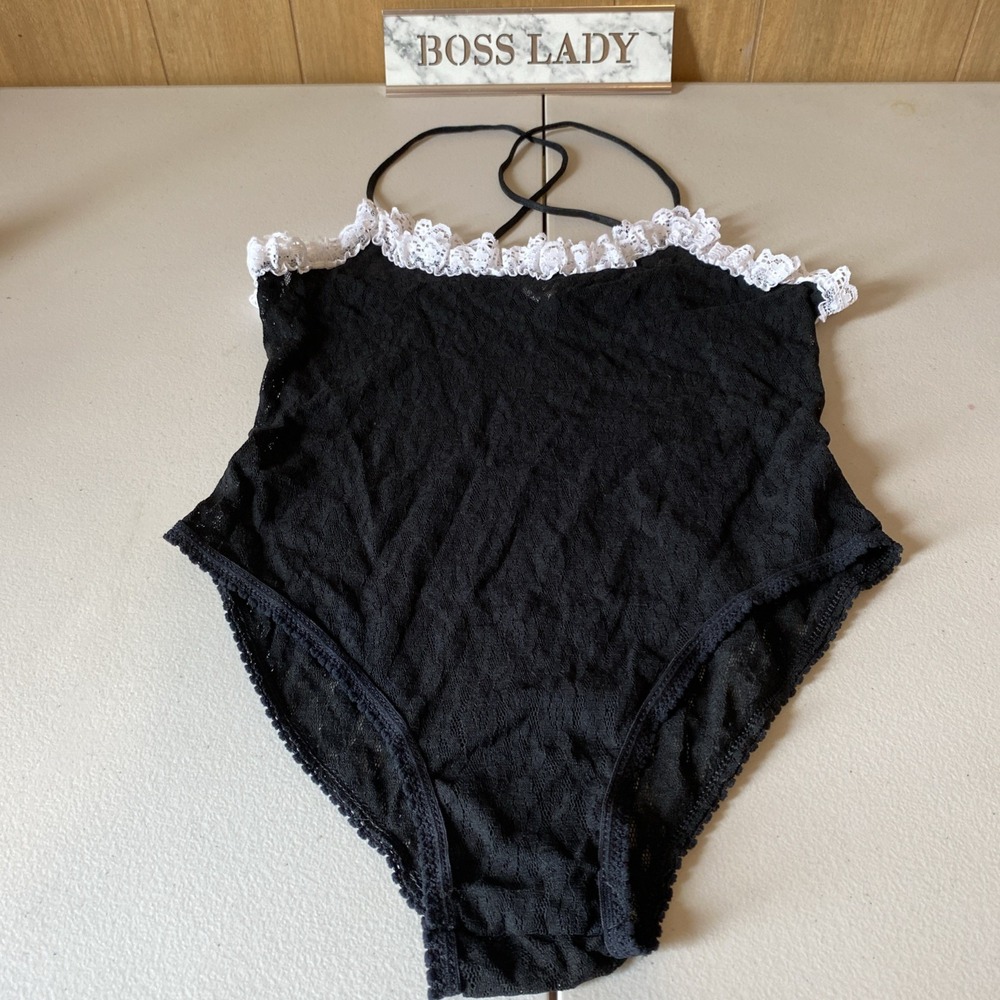 Vintage 80's Petra Fashions Black Lace Bodysuit White Ruffle Trim Teddy Size S